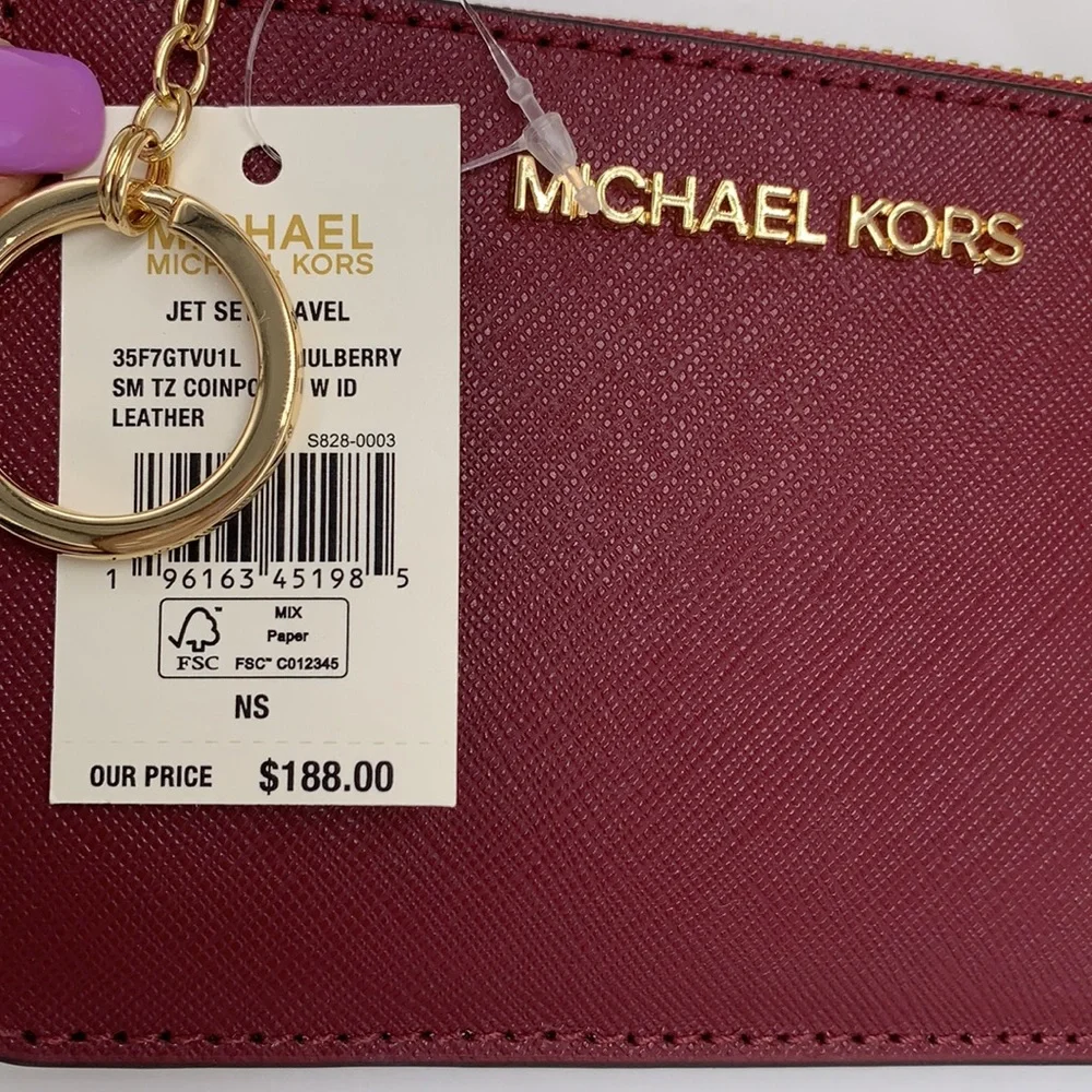 MICHAEL KORS LARGE EW ZIP CHAIN CROSSBODY DARK CHERRY & SM  TZ COINPOUCH MULBERR - Picture 16 of 16
